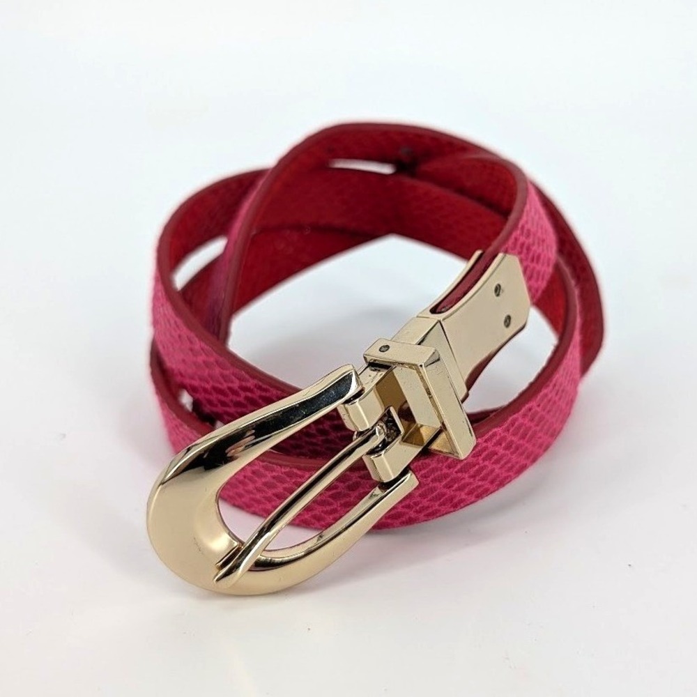 Reversible Skinny Belt‎ Pink Red Snakeskin Embossed Gold Buckle S/M